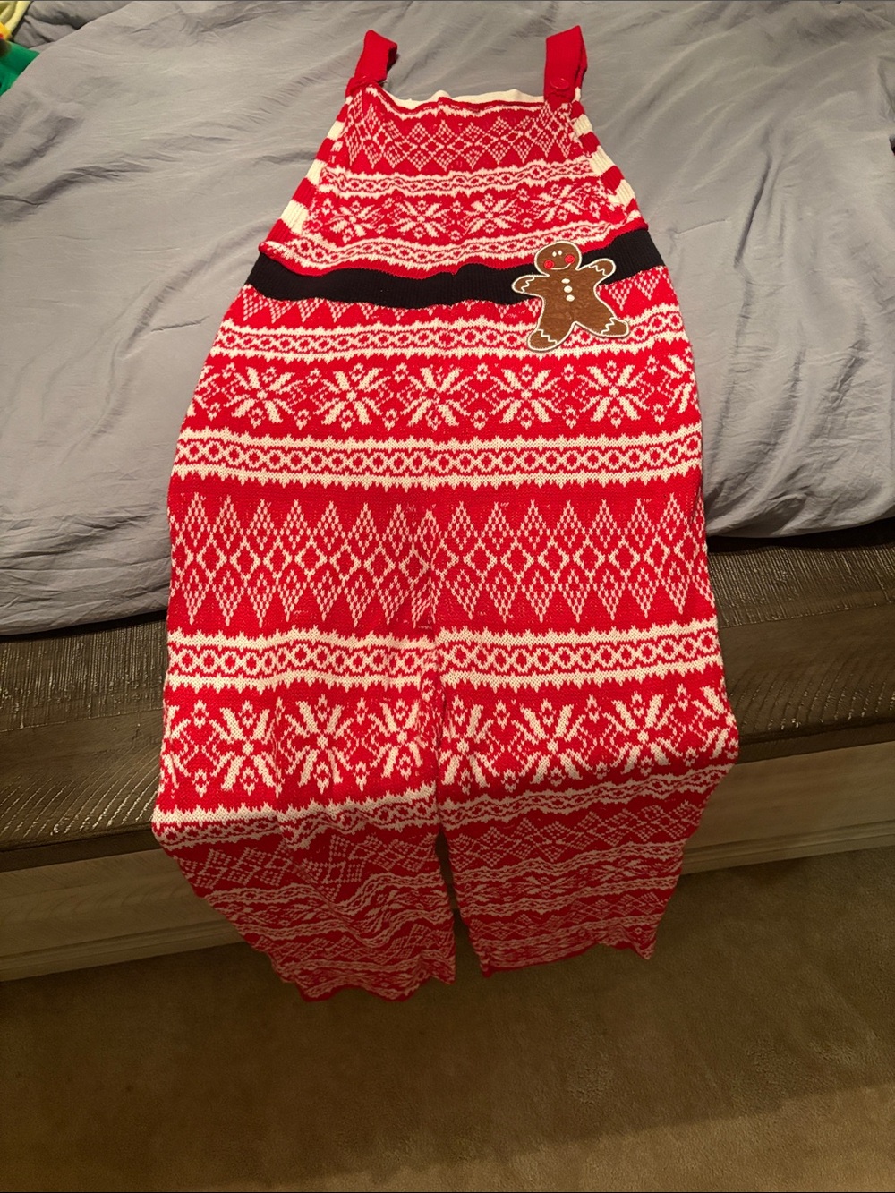 Red Holiday Knit Overalls with Gingerbread Accent